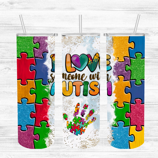 I Love Someone with Autism Puzzle Pieces Tumbler